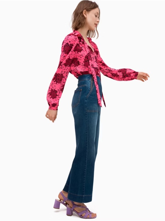 kate spade Tops - kate spade Pink Floral Tie-Neck Blouse with Dark Blue Wide-Leg Jeans